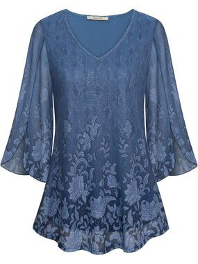 Bebonnie Women's Top Blue Ruffle 3/4 Sleeves V Neck Double Layers Mesh Blouses